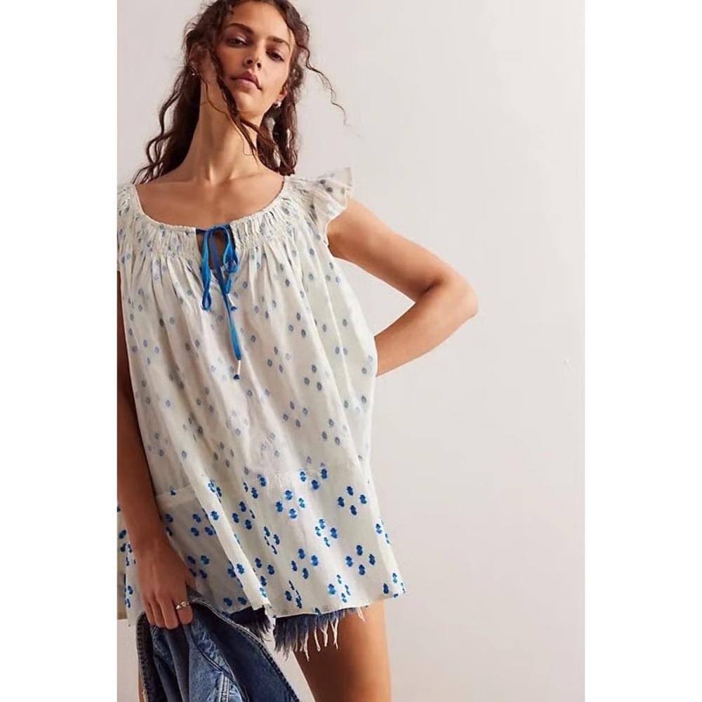 We The Free Cream and Blue Patterned Blouse